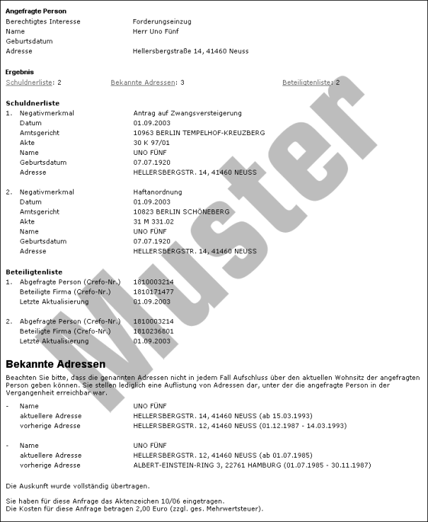 Muster Creditreform Personenauskunft inkl. Schuldnerregister